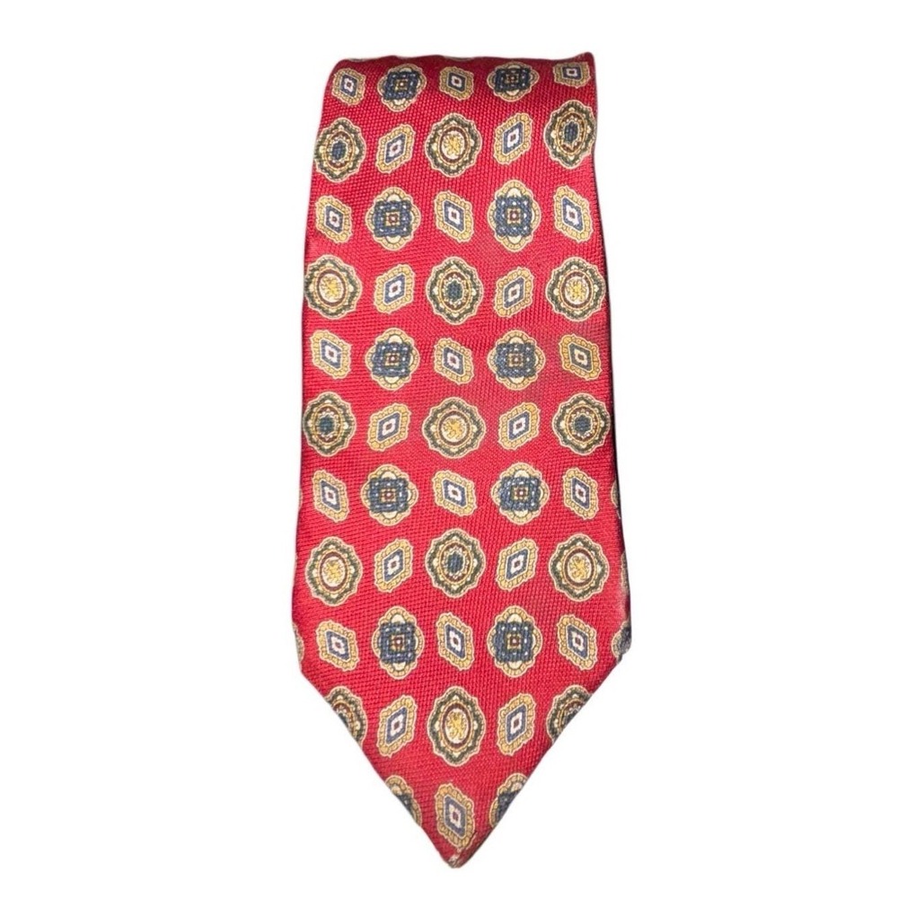 Tommy Hilfiger Red Geometric Medallion 100% Italian Silk Tie Made in USA Mens